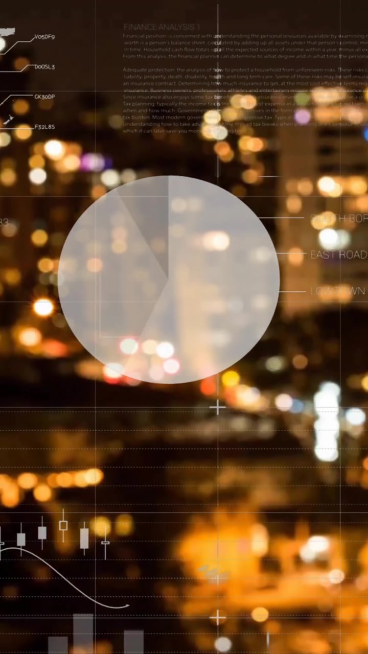 Animation of charts processing data over cityscape at night