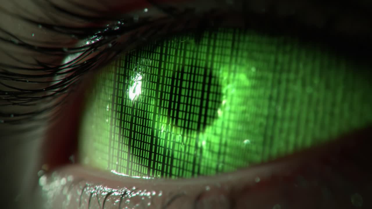 A Close-Up Exploration of a Futuristic Eye Infused with Digital Elements Showcasing Vibrant Green Hues and Binary Patterns that Reflect Modern Technology and Innovation in Visionary Science Fiction Concepts