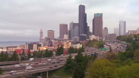 traffic moves along a busy freeway into seattle washington