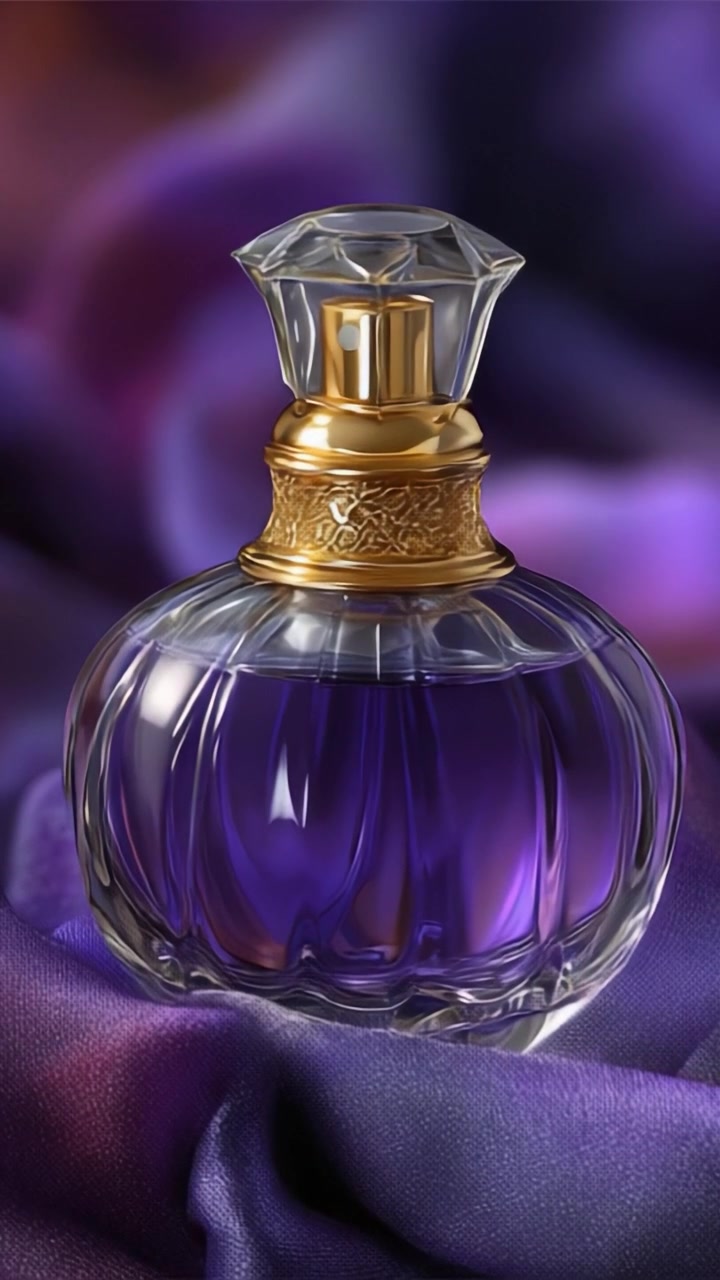 Elegante flacone di profumo viola su tessuto setoso: essenza accattivante di fragranza e lusso con un design mozzafiato e colori ricchi su uno sfondo sfocato.