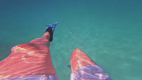 man's legs in diving fins swimming in the blue sea. - underwater shot