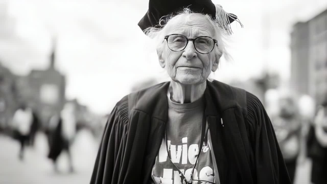 A Proud Elderly Graduate in Academic Robes and Cap Showing Resilience and Wisdom, Captured at a Celebratory Event, Symbolizing Lifelong Learning and Achievements