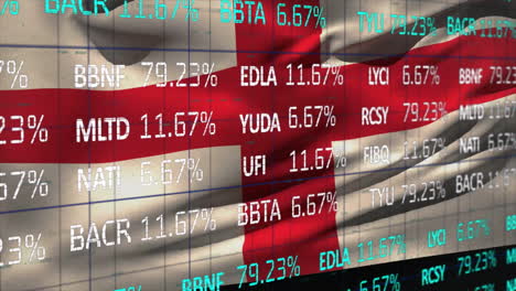 animación del procesamiento de datos financieros sobre la bandera de inglaterra