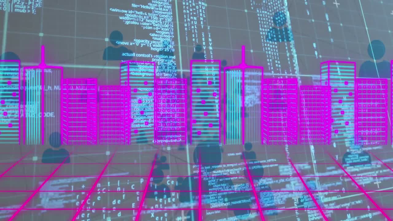 Animation of data processing with cityscape