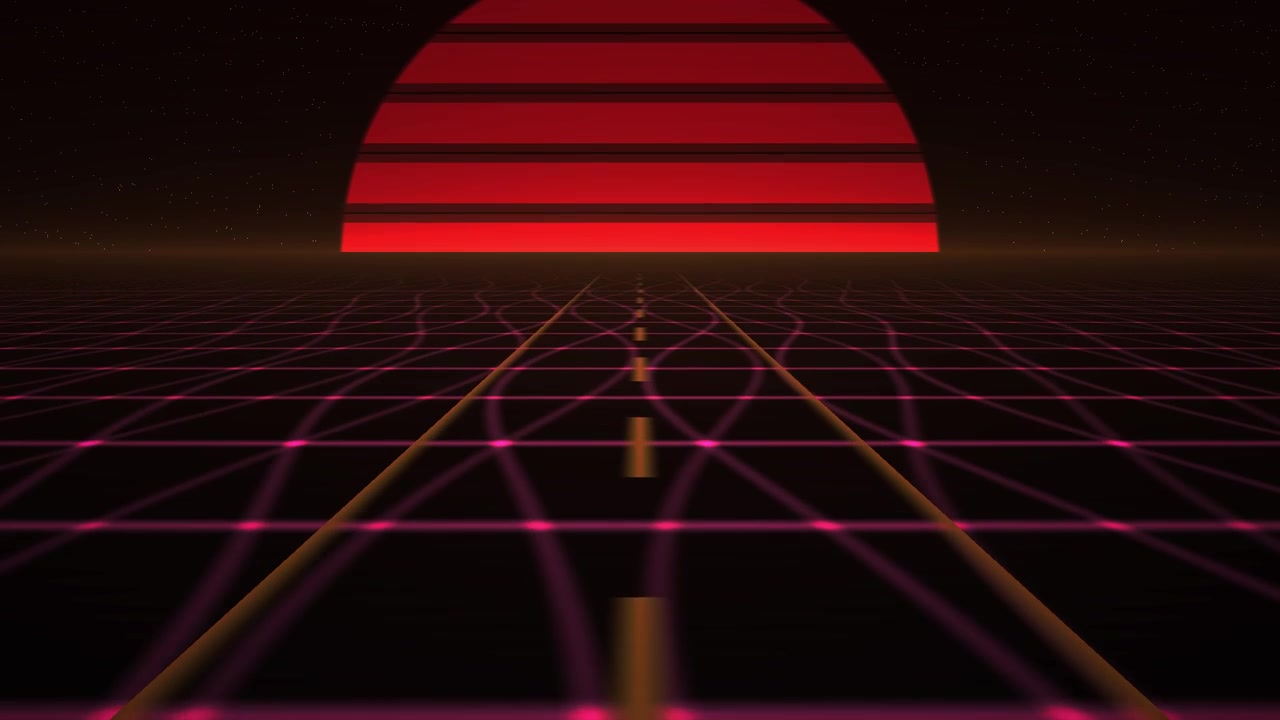 Animazione stradale in stile retro synthwave con tramonto luminoso