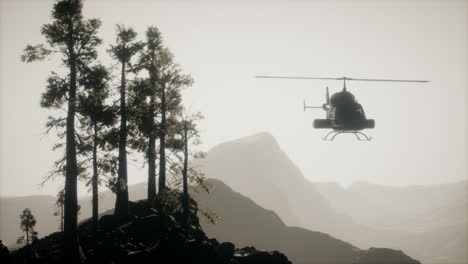 extreme slow motion flying helicopter near mountain forest