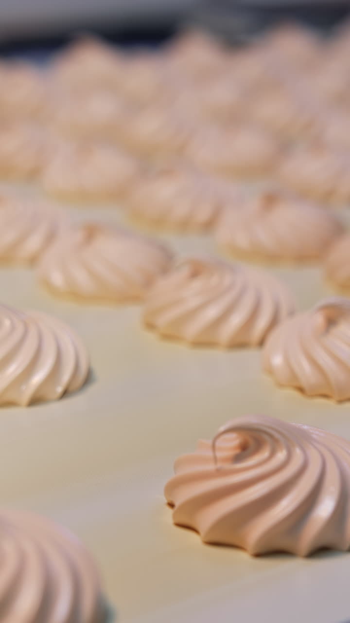 Ready-made creamy marshmallows move by the conveyor belt into the dryer. Marshmallow production on the confectionary factory. Close up. Vertical video
