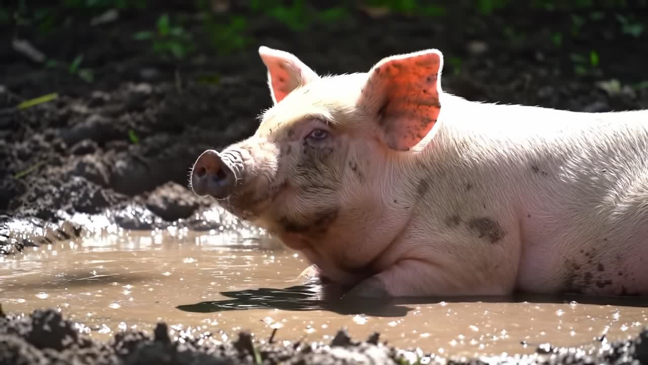 A Pig Relaxing in a Muddy Pool, Soaking Up the Sun in a Picturesque Natural Setting, Exhibiting Contentment and Natural Animal Behavior