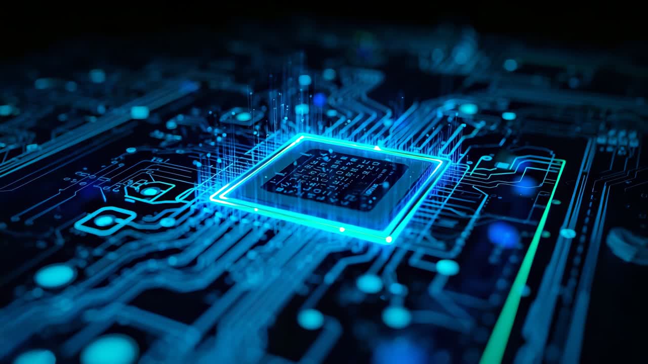 Pulsing microprocessor chip sending data streams on PCB, with capacitors, resistors and traces