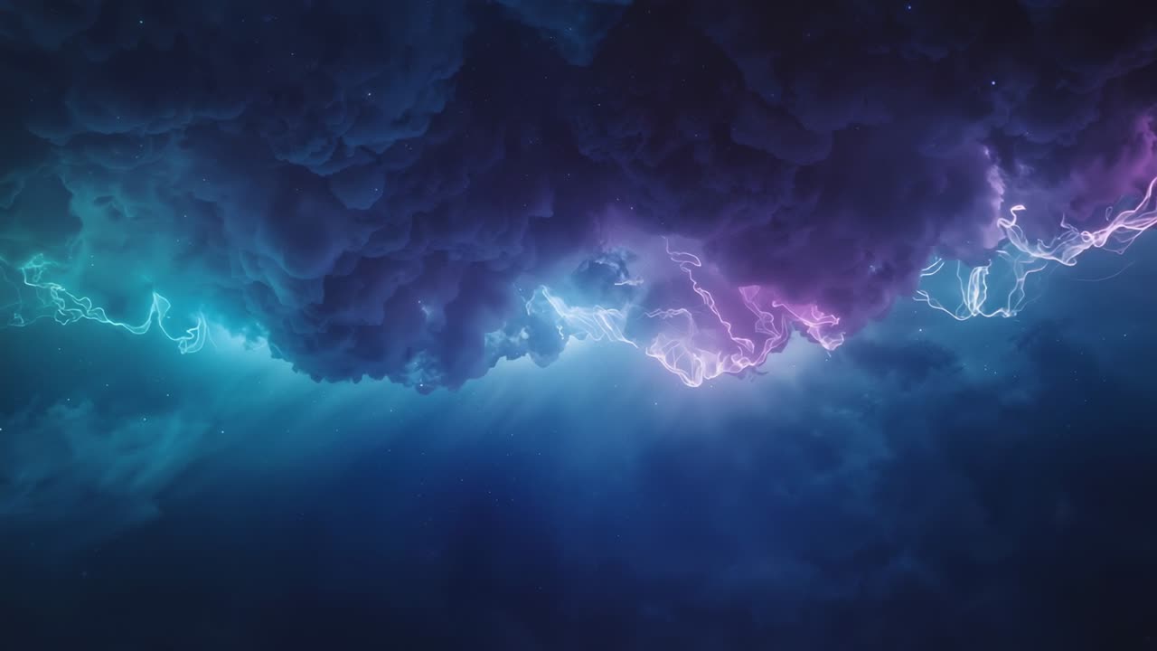 Sparking dark cloud shifting in high-altitude storm, pulsing glow powering colored lightning arcs