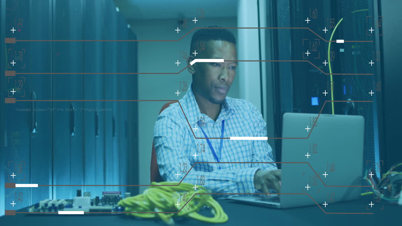 Man working on laptop in server room with data processing animation overlay