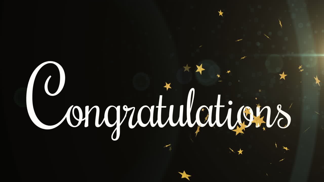 Animation of congratulations text and stars on black background