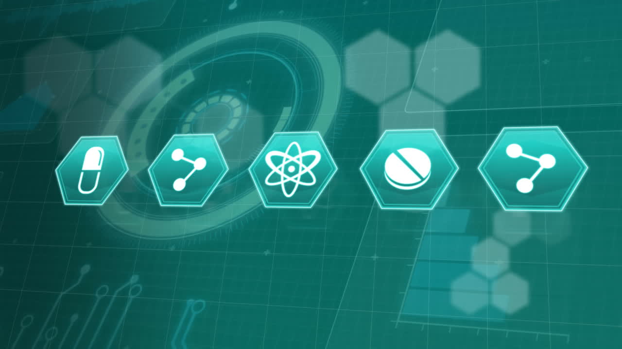 의료 아이콘의 애니메이션과 파란색 배경의 과학 데이터 처리