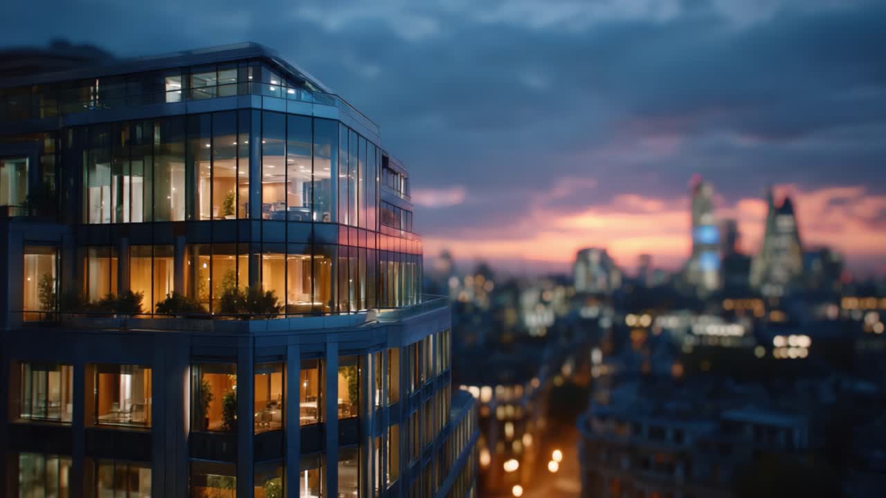 Prédio alto e moderno com fachada de vidro iluminada com vista para o horizonte vibrante da cidade ao entardecer, mostrando a arquitetura contemporânea e a vida urbana