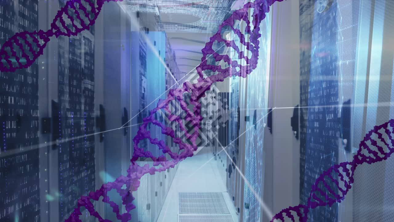 Animation of spinning dna strand over server room
