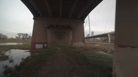 under bridge view of the the margaret hunt hill bridge walkway in dallas