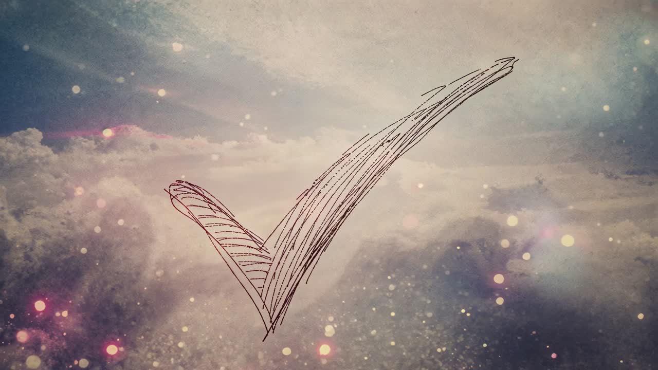 Starting central sketch check mark pulsing in pastel sky with yellow check icons, signaling done