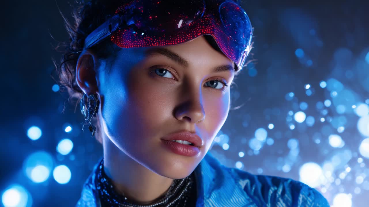 A captivating portrait of a young woman with striking blue eyes and glamorous accessories, showcasing a dazzling backdrop of sparkling lights that add an ethereal glow to her enchanting expression