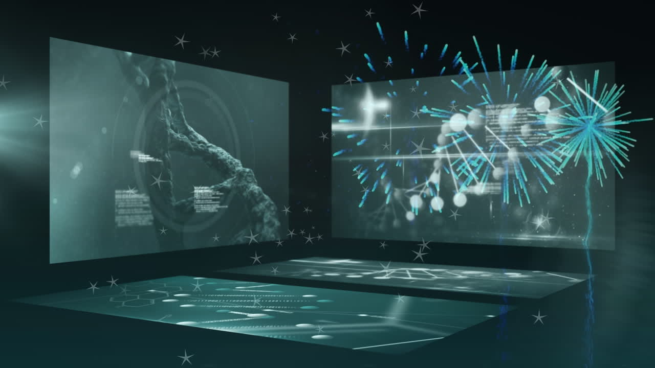 데이터 처리 및 dna 체인과 함께 화면에서 불꽃놀이의 애니메이션