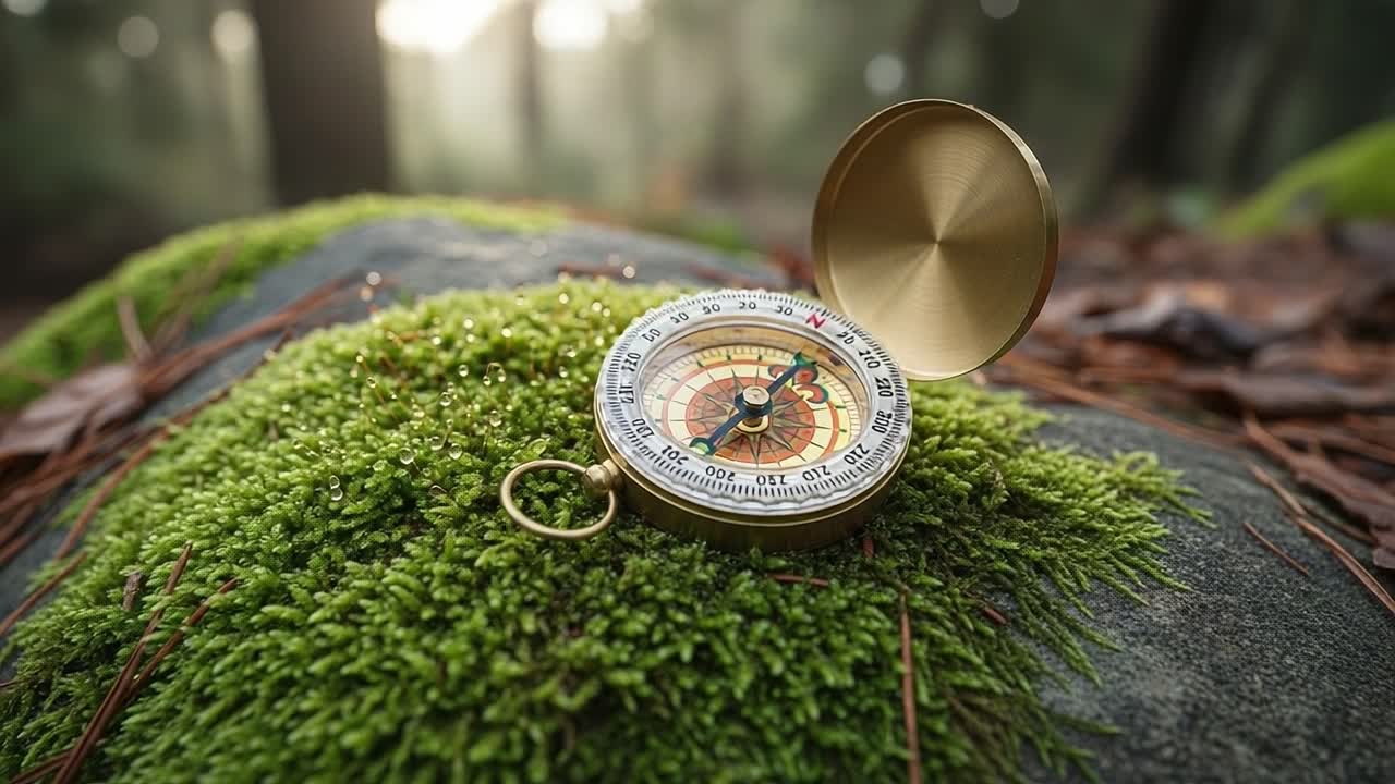 An Elegant Compass Resting on Lush Green Moss, Surrounded by Soft Forest Light, Symbolizing Adventure and Exploration in the Great Outdoors