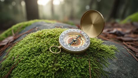 an elegant compass resting on lush green moss, surrounded by soft forest light, symbolizing adventure and exploration in the great outdoors