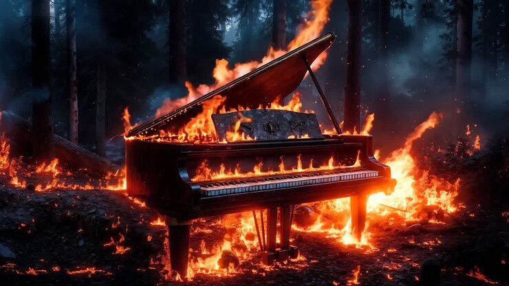 ein klavier sitzt oben auf einem feuer im wald