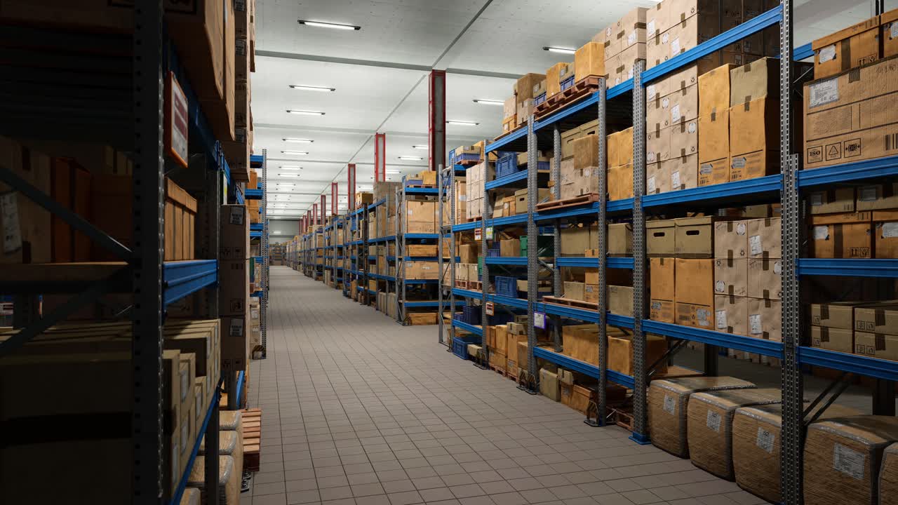 Industrial Warehouse Filled With Storage Boxes Labeled For Shipment, Distribution Center Storing Cargo For Import Export Industry