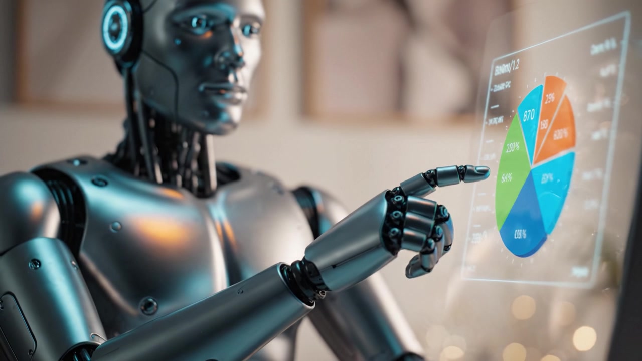 A futuristic humanoid robot interacts with a holographic data display, analyzing graphs and pie charts to interpret complex data and make informed decisions.