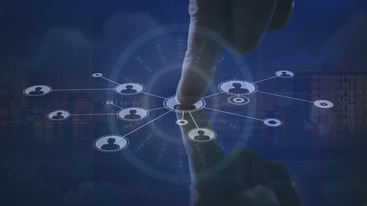 건물과 구름 위의 선과 상호 연결되는 프로필 아이콘에 손가락을 만지는 절단