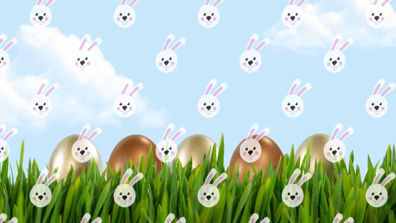 Animation of easter bunnies over easter eggs in spring grass and blue sky