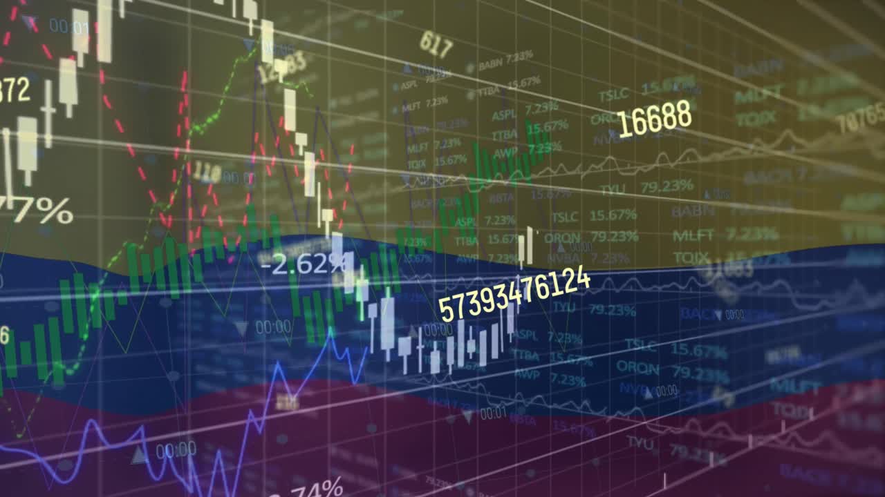 콜롬비아  ⁇ 발을 배경으로 변화하는 숫자와 주식 시장 데이터 처리의 애니메이션