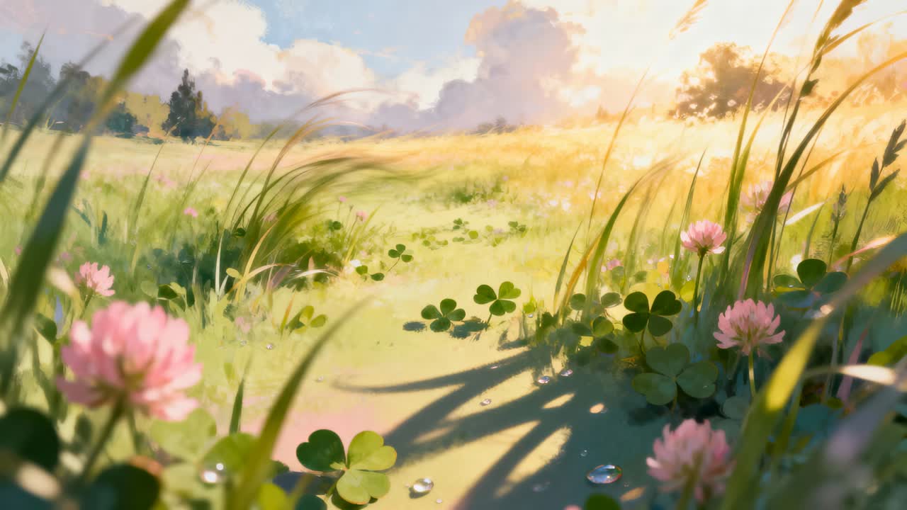 Swaying pink clover patch stirring in light breeze and warming sunlight in meadow, dew sparkling