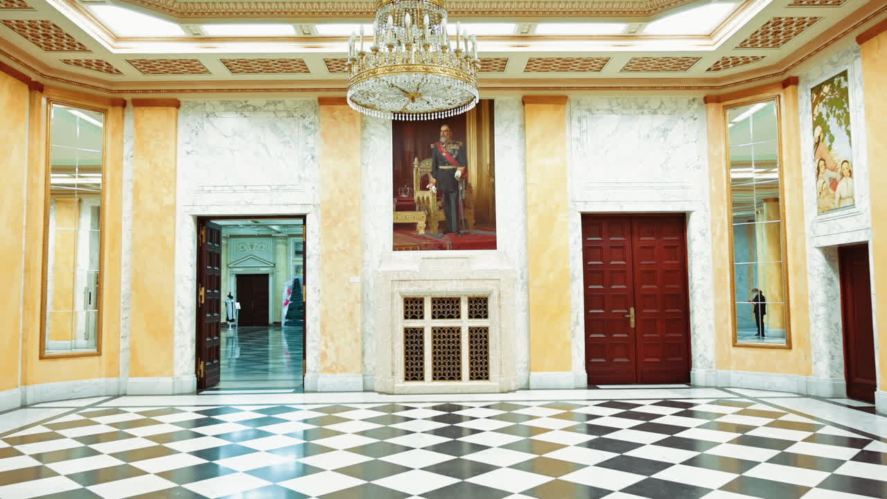 Woman in front of the Manu-Auschnitt House, tourist attraction in Bucharest, Romania