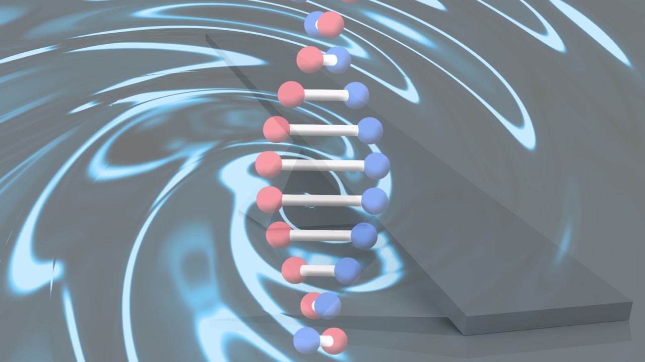 Animation of spinning dna strand over blue wave