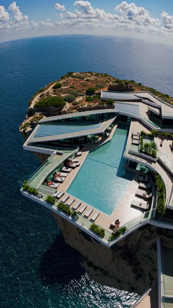 Aerial view of a modern cliffside villa with a large pool overlooking the ocean, perfect