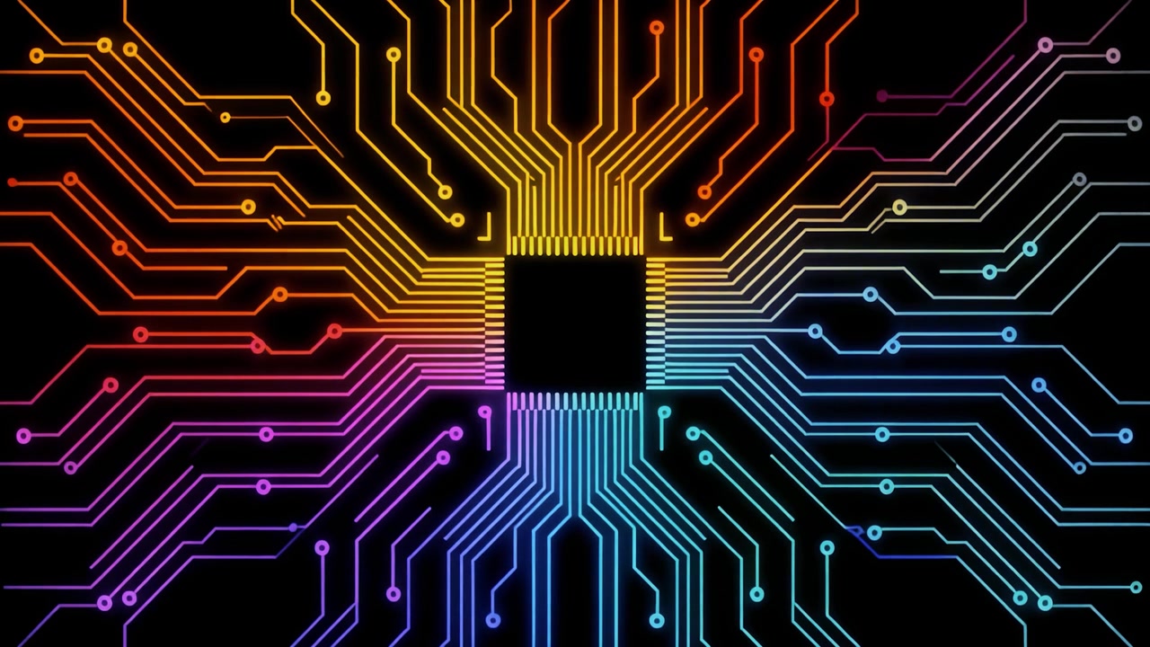Animated Rainbow Circuit Board Processor Expanding on Black Background