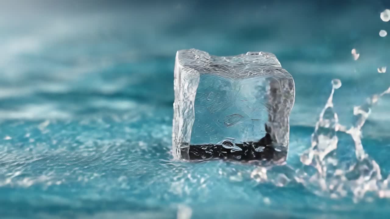 Visuais Cativantes de um Cubo de Gelo Brilhante na Água, Mostrando a Interação Intrincada Entre Gelo e Gotas de Água Espirrando em uma Cena Refrescante