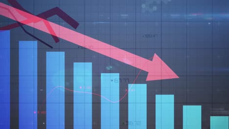 animación de las estadísticas con flecha roja apuntando hacia abajo y procesamiento de datos financieros