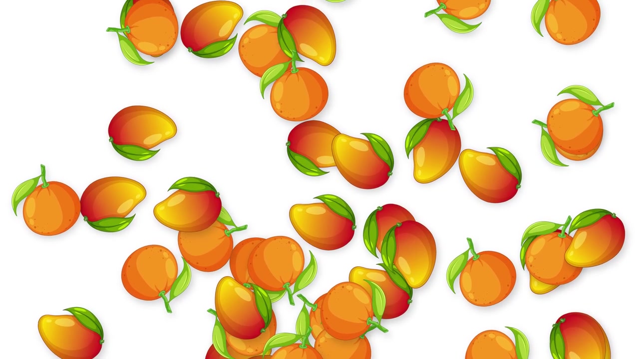 Manghi e pesche tropicali animati cadono verticalmente su un pulito sfondo bianco da studio