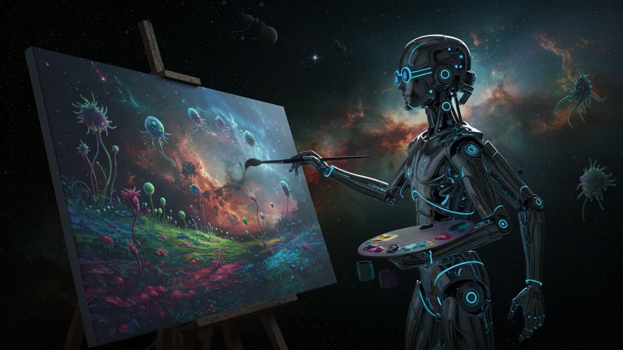 A Futuristic Robot Artist Painting a Vibrant Cosmic Landscape on Canvas with a Palette of Colors and Otherworldly Flora in Outer Space