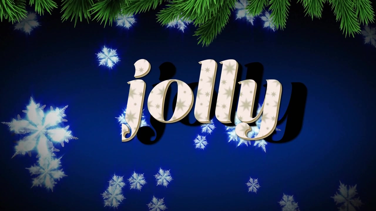 Animation von festlichen Elementen, einer Schneeflocke und einem Baum auf marineblauem Hintergrund.