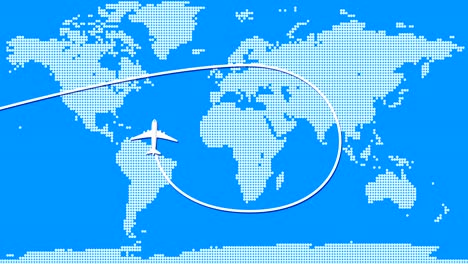 airplane animation fly over around blue world map