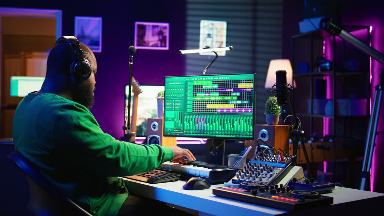 técnico de audio trabaja con herramientas de grabación en su estudio en casa