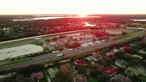 Epic-Aerial-of-semi-truck-rest-area-in-Orlando,-Florida