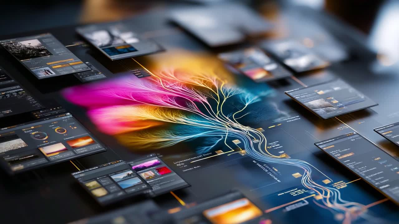 A stunning visual representation of a colorful data flow network, showcasing an intricate web of interconnected information through vibrant hues and intricate design elements for enhanced clarity