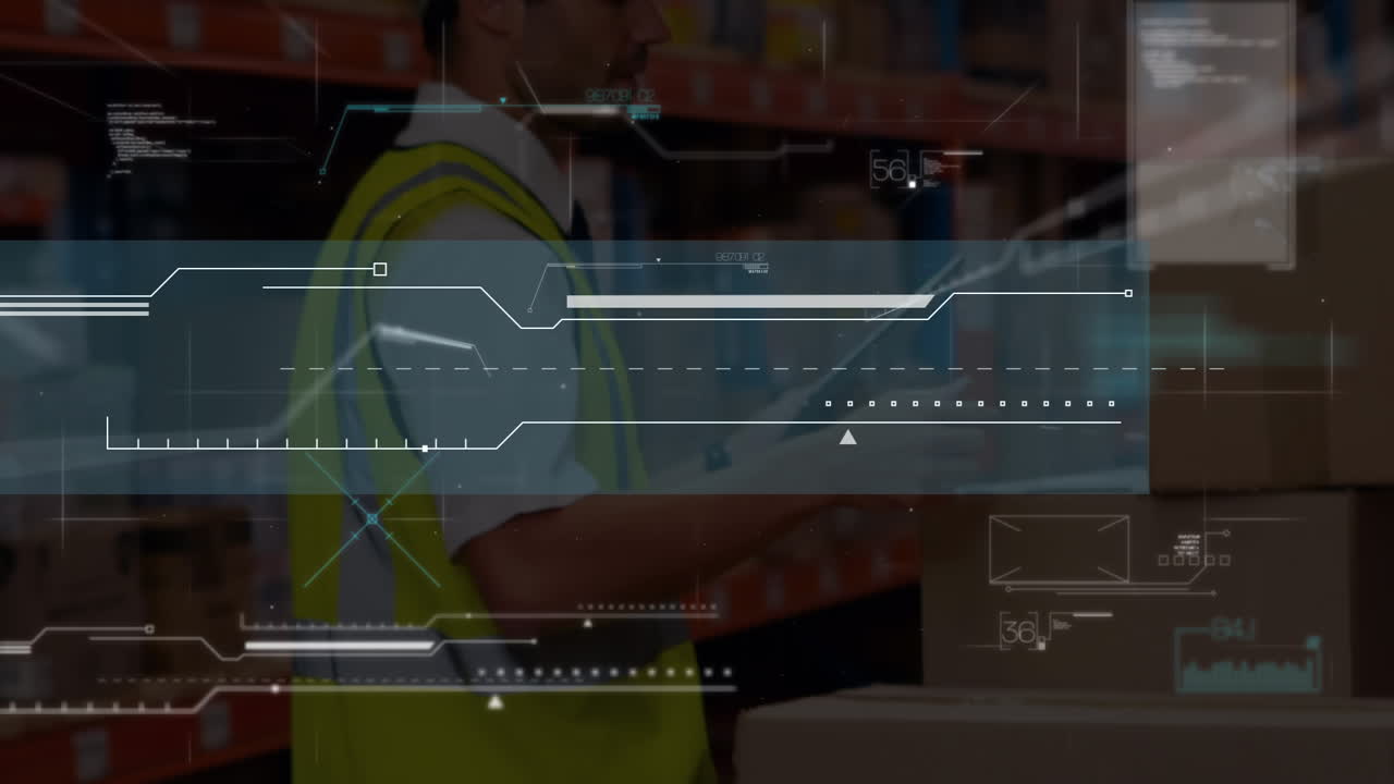 animación del procesamiento de datos financieros sobre el hombre caucásico que trabaja en el almacén.