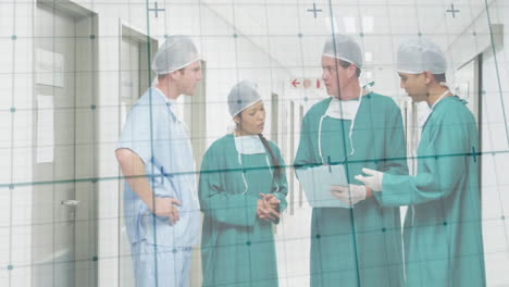 discussing patient data, medical professionals in hospital corridor with healthcare animation