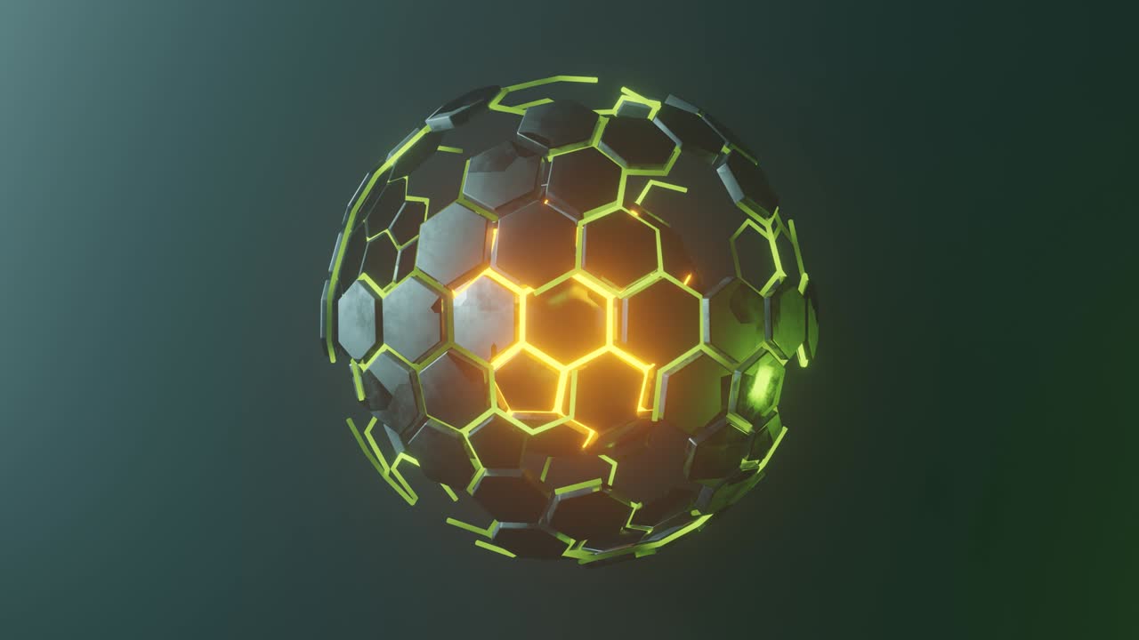 미래의 물리학: 원자핵, 추상 기하학, 구체, 3d 렌더링