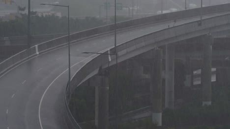 queensland bom weather forecast includes heavy rainfall, severe storms and heatwave warnings in upcoming summer season, static shot capturing quiet inner city bypass on a foggy and rainy day