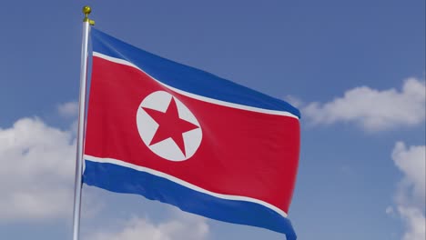 flag of north korea moving in the wind with a clear blue sky in the background, clouds slowly moving, flagpole, slow motion